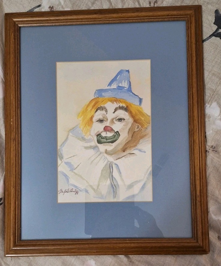 Vintage Watercolor Painting Smiling Clown Framed Matted Signed Fay Hester 1985