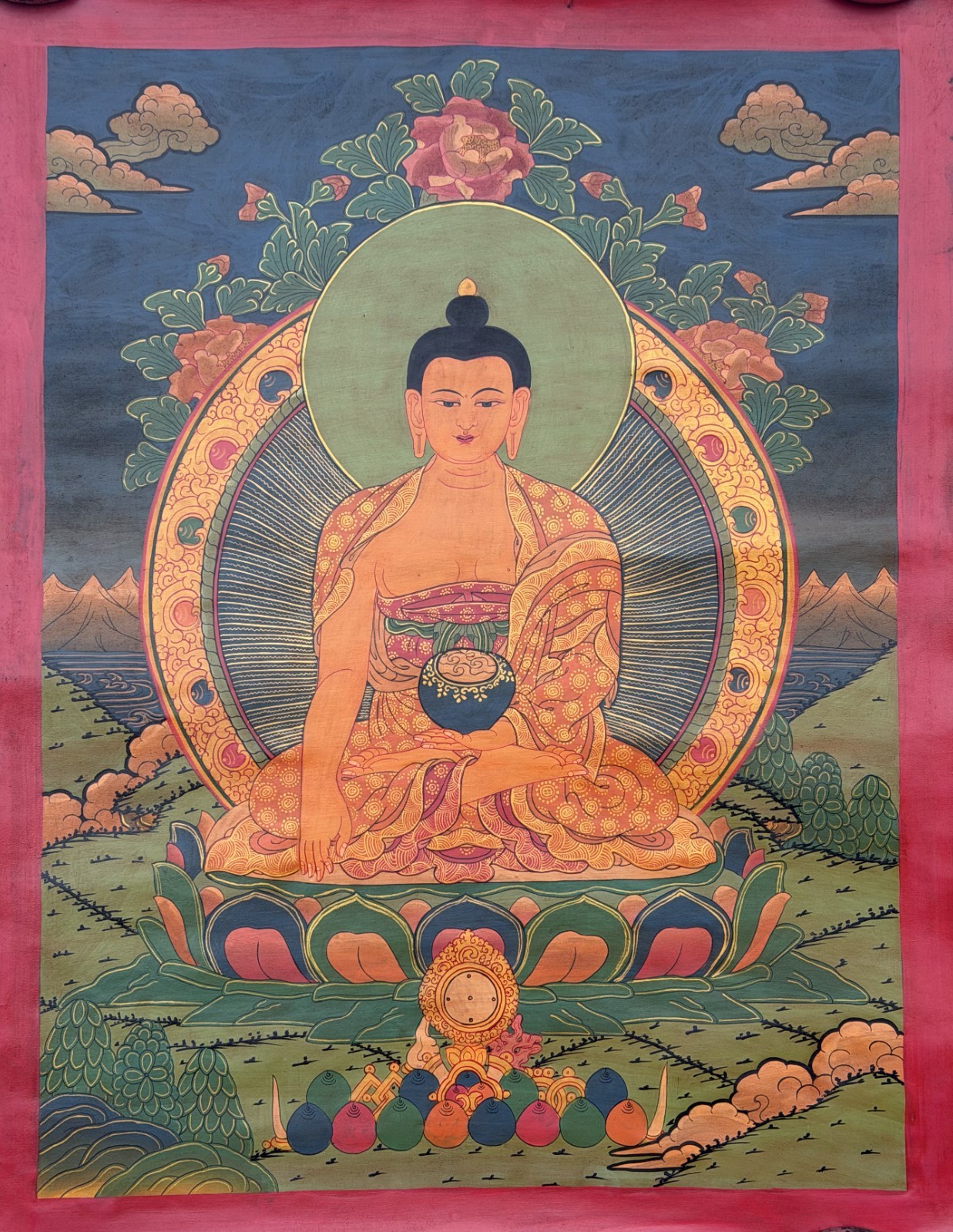 SHAKYAMUNI BUDDHA ORIGINAL HAND-PAINTED TIBETAN THANGKA ART – OIL VARNISHED