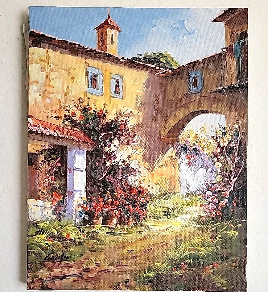 Mediterranean House Garden Bell Tower Italy Oil Painting Artist Signed Original