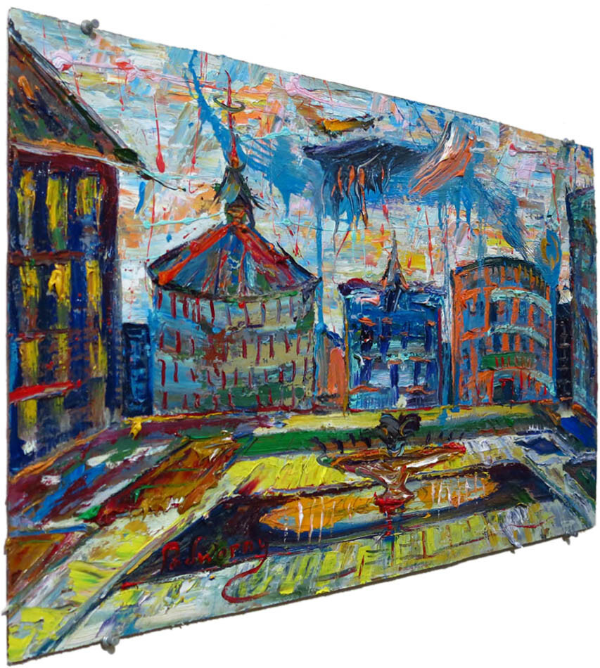 ORIGINAL OIL█PAINTING IMPRESSIONIST ARt SIGNED█CITY BUILDINGS POP NYC 18 x 30.5″