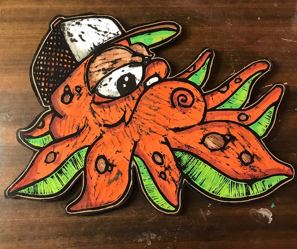 Approx 16 X 12 Wood Carving Octopus Hand Painting Shortiez Ink Cut Paint
