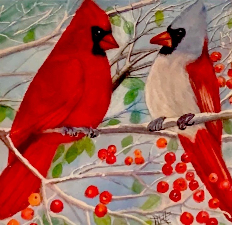 WATERCOLOR 8×8 Framed ORIGINAL Cardinal Birds Red Holiday Art Christmas Tree