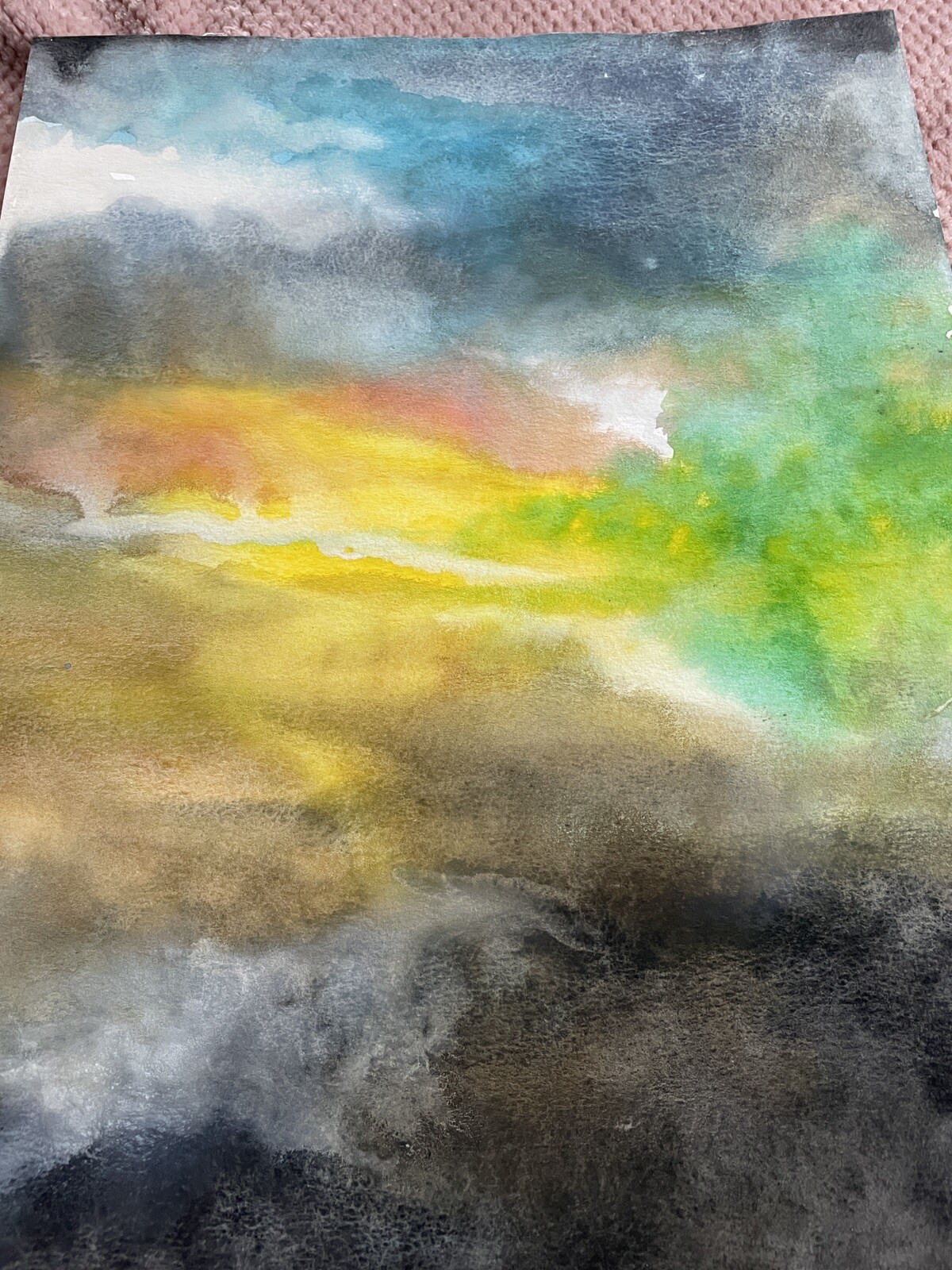 Original Watercolor Abstract, Unframed & Unique 11×14, Yellow, Green, Blue