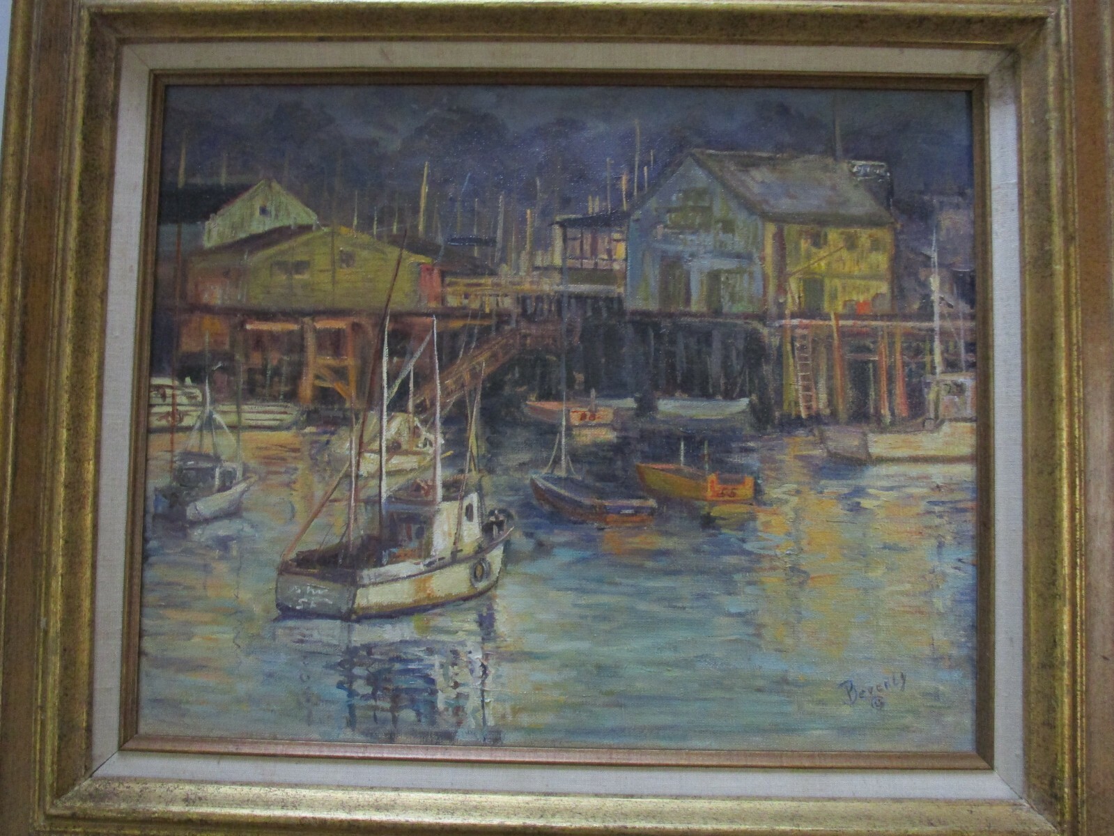 BEVERLY SIGNED PAINTING AMERICAN INDUSTRIAL COASTAL HARBOR MARINA FISHING PORT