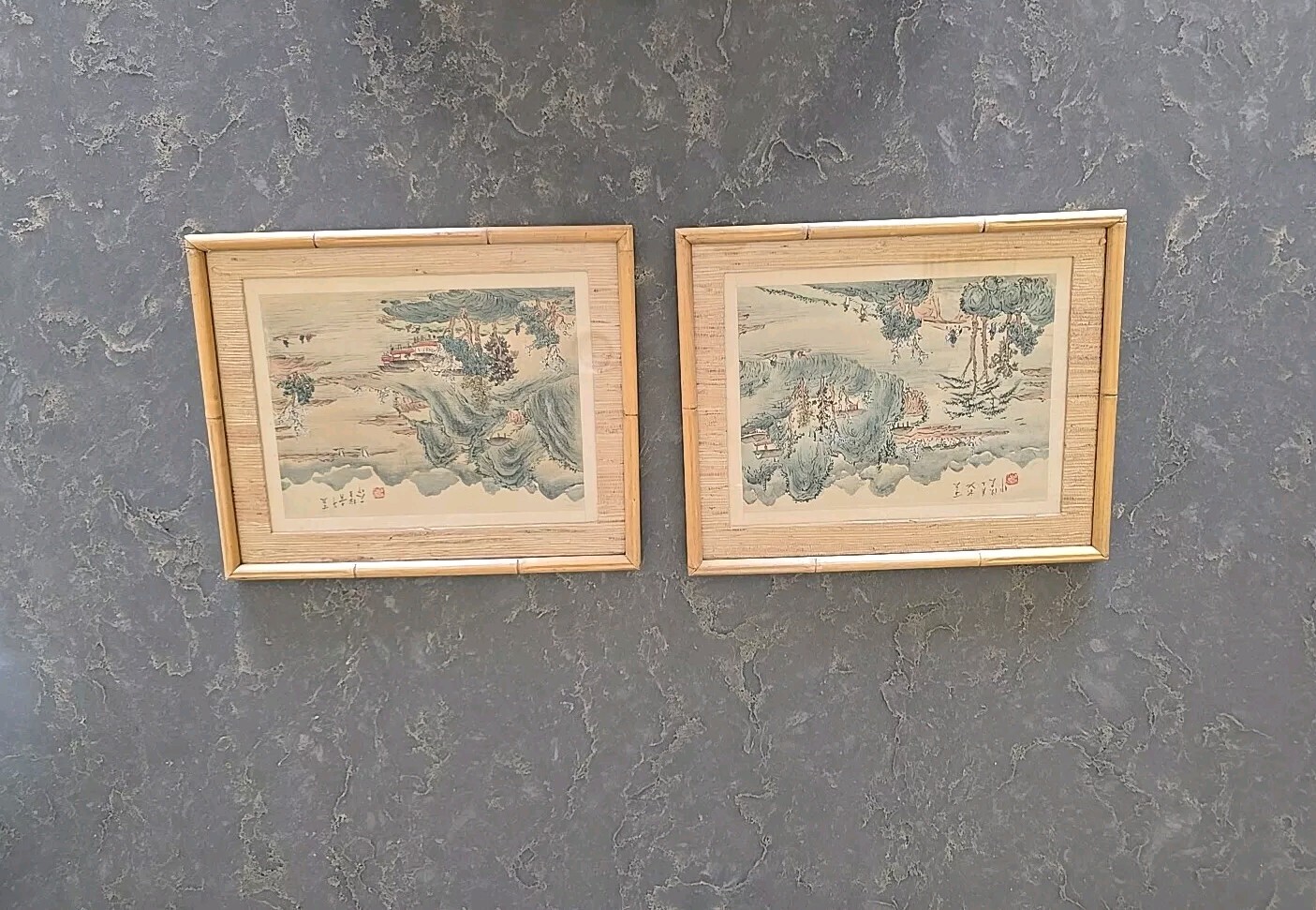 Pair Asian River Painting Chinese Watercolor Art on Silk Framed Faux Bamboo