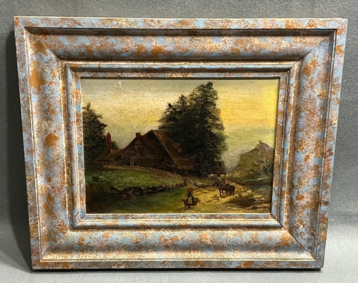 ANTIQUE c1900-1930 PASTORAL LANDSCAPE OIL PAINTING WITH FIGURES DOG & HORSES