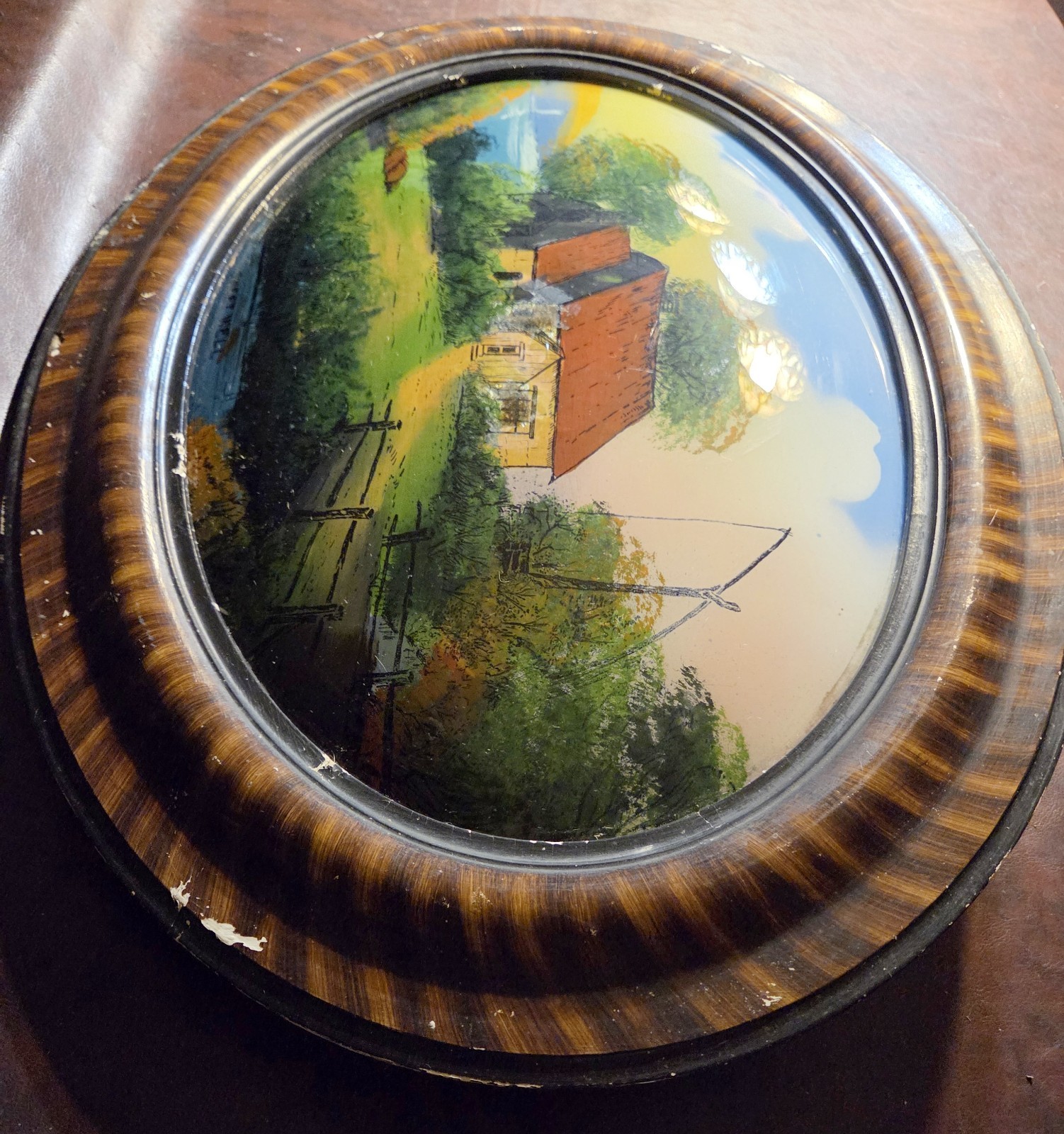 Antique Oval Reverse Painting Bubble Glass Sweet Well Tiger Wood Frame Victorian
