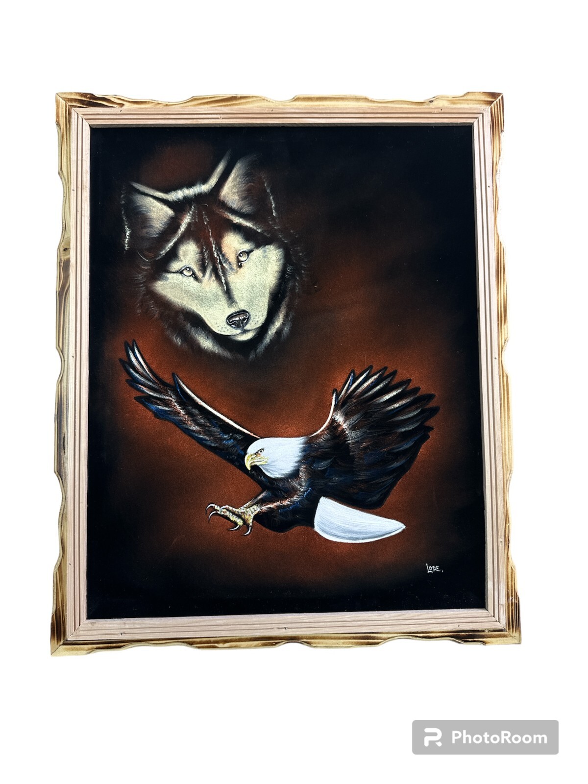 EAGLE & WOLF PAINTING ,HAND PAINTED, VELVET PAINTING,18″ BY 22″W, FRAME , WOLF