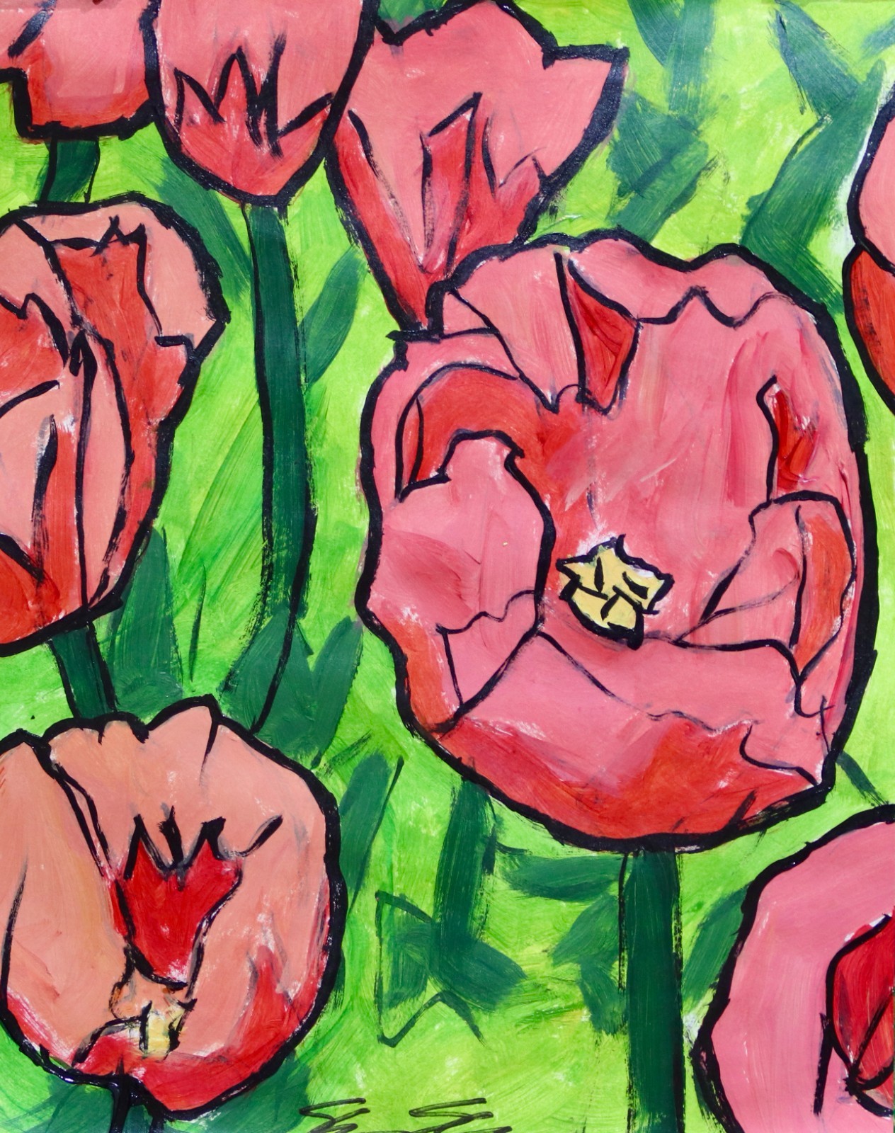 ShawNshawN Tulips Original Painting on Paper 11×14 Flowers Garden Art