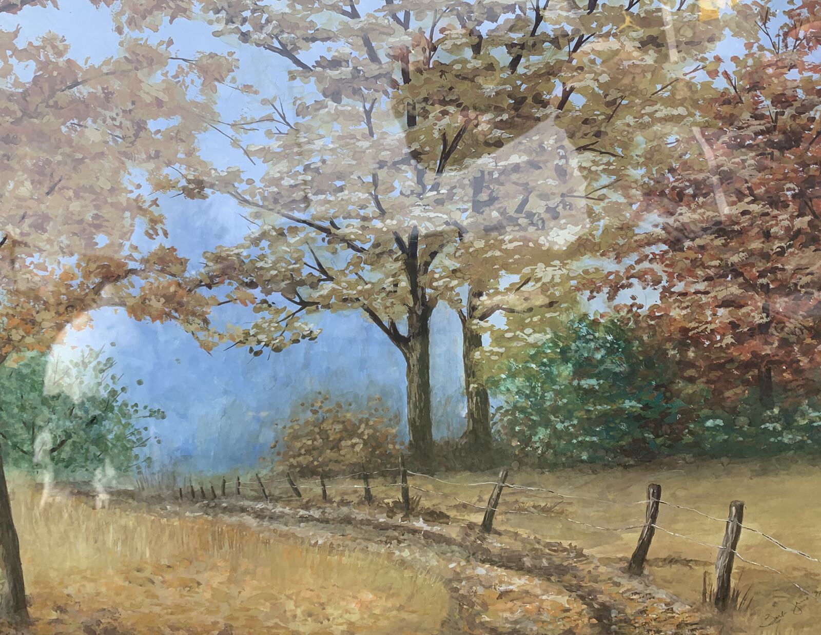 Vintage Framed Watercolor Painting Michigan In Fall 34×26 Rare oak maple trees