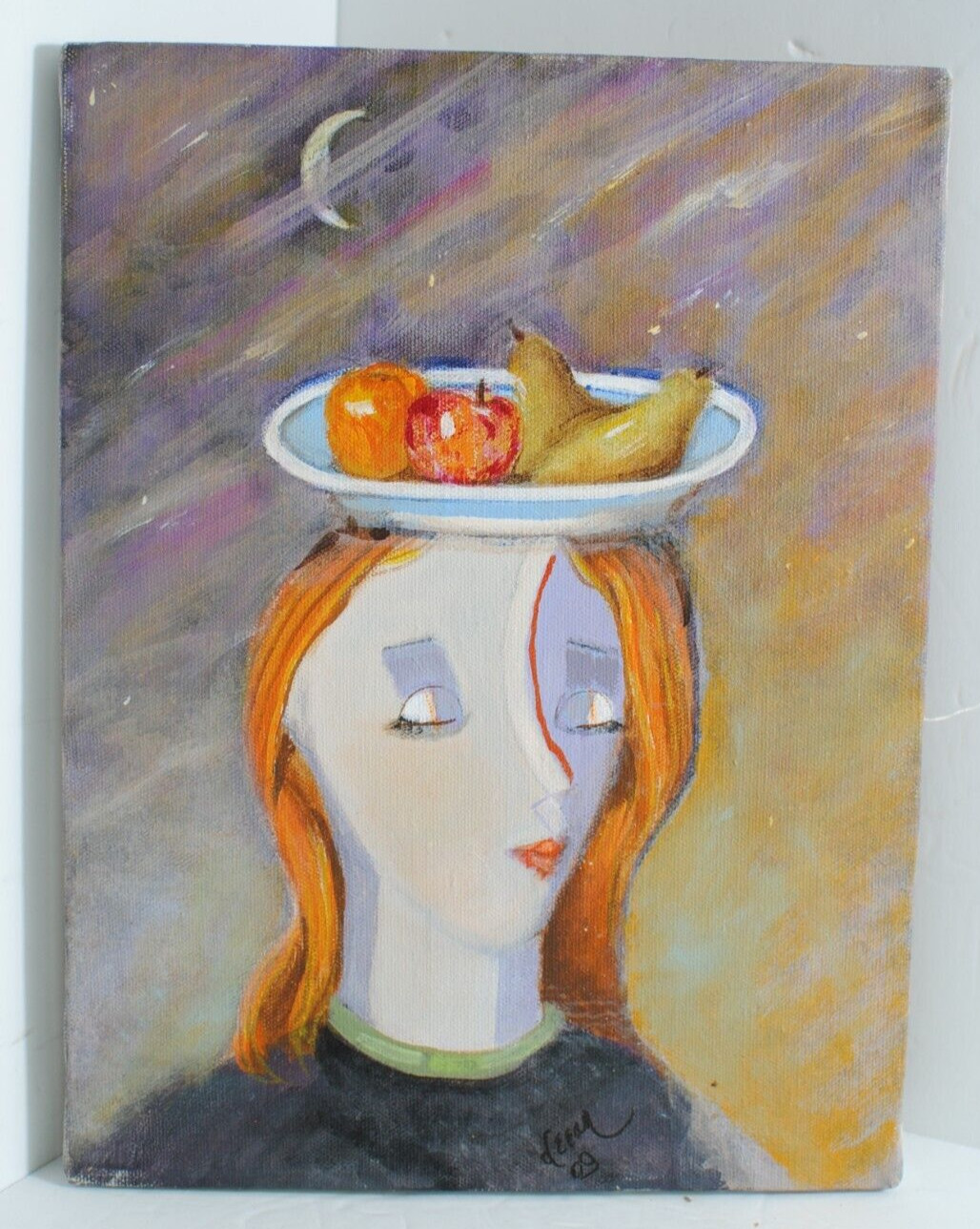 PLATE OF PEARS Original Acrylic Picasso Style Cubism Women/ Fruit 9″ by 12″