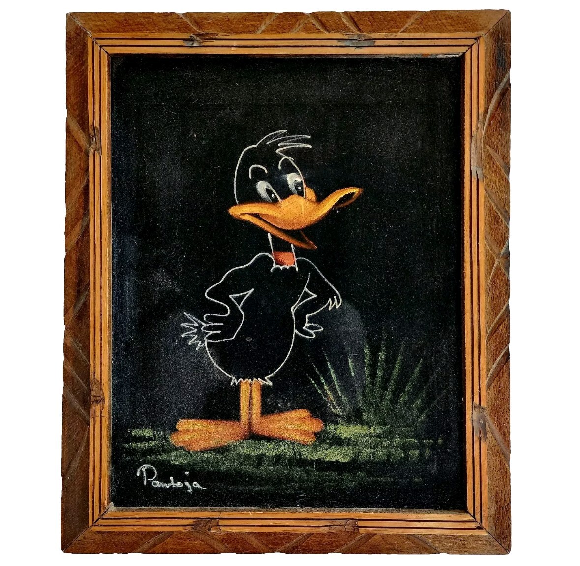 Daffy Duck Pantoja Original Signed Painting Velvet Framed c1970s 16.5×13.5″