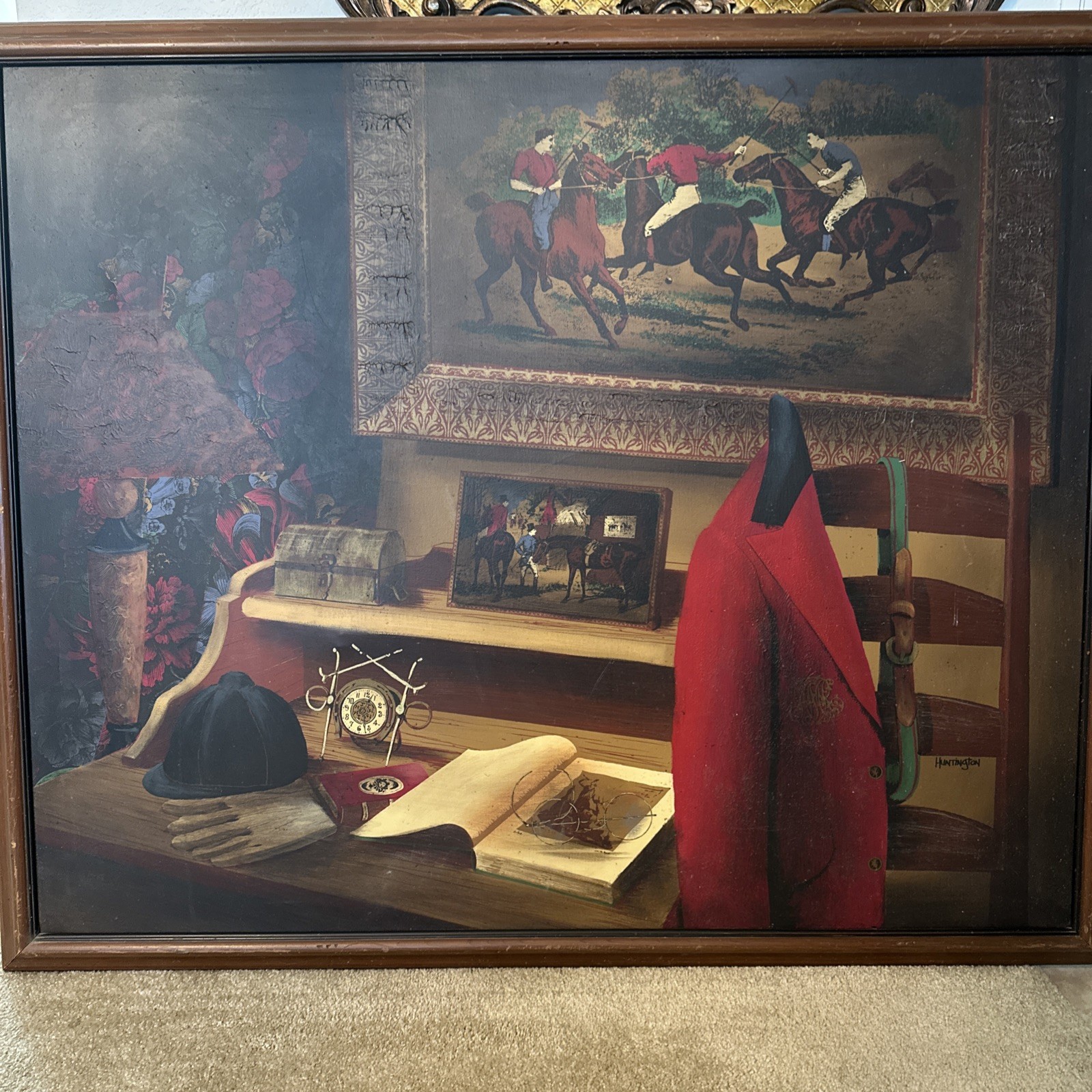 Polo Players Sport Red Team Vintage Painting Signed
