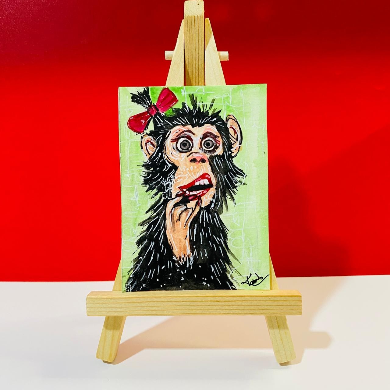 ACEO Funny Lady Monkey Lipstick Whimsical Expression Acrylic Painting Art Card