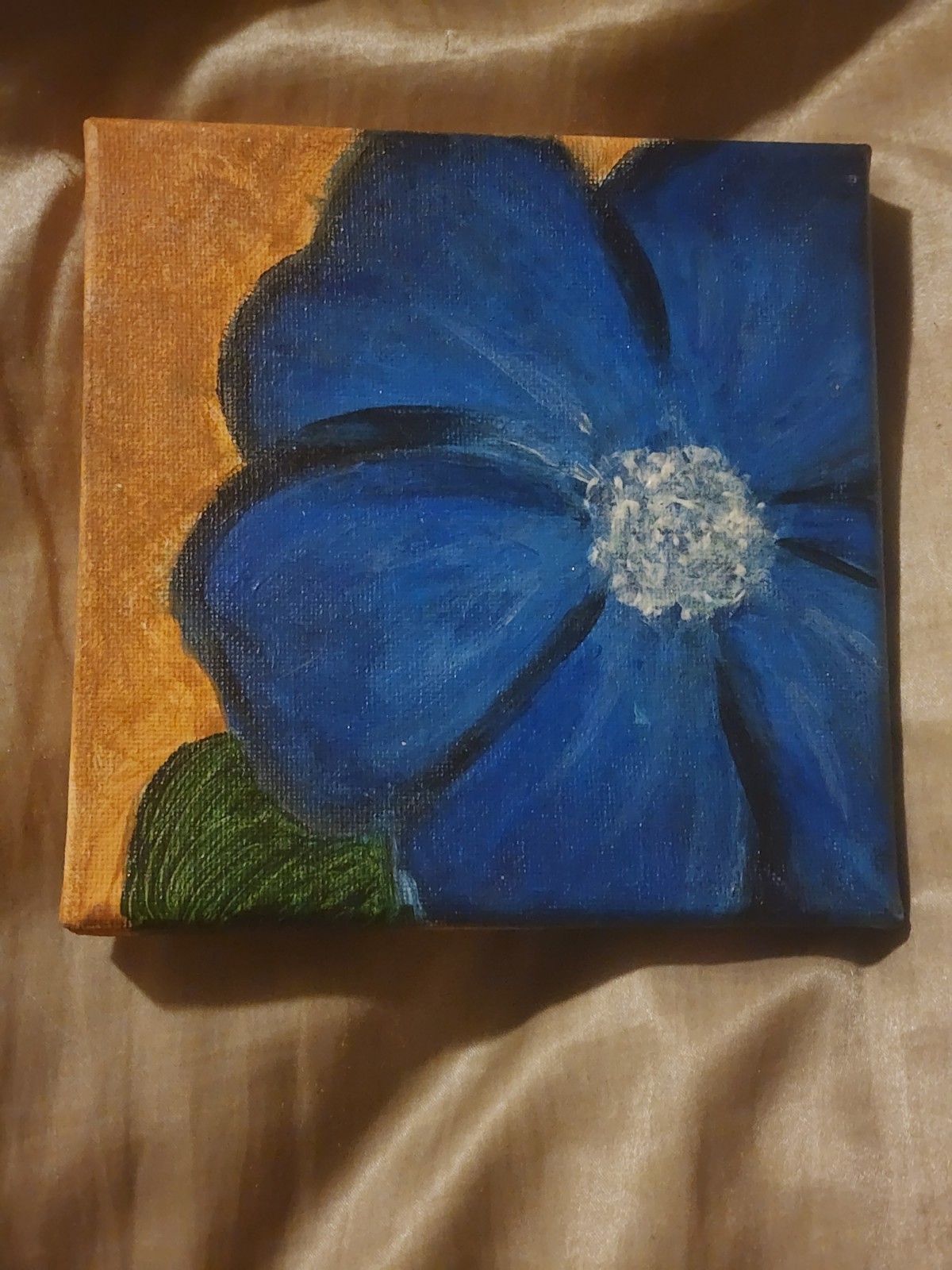 6″×6″ Painting Acrylic On Canvas, Blue Flower With Golden Brown Background