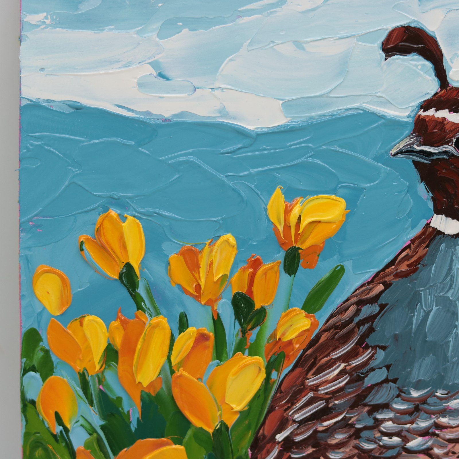 Quail Oil Painting California Poppy Flower Art Original Impasto Bird textured