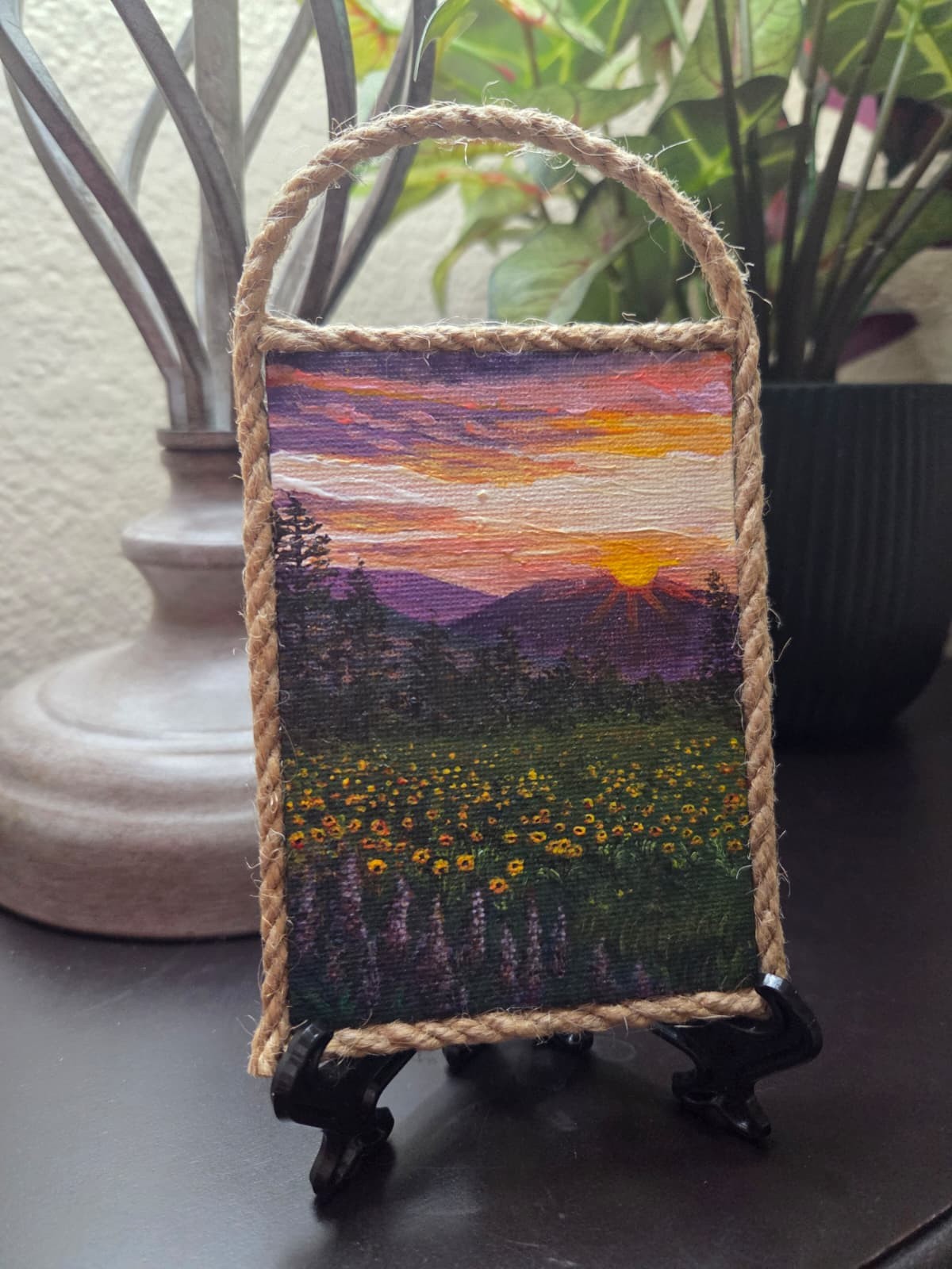 Original Wildflowers Sunset Mini Canvas Acrylic Fridge Magnet Painting 4.2×3 In