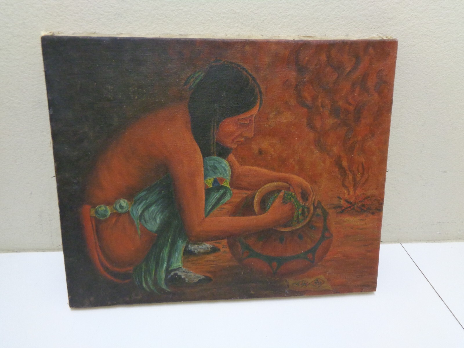 Old Vintage Oil Painting Native American Indian Western Indigenous Art Pottery