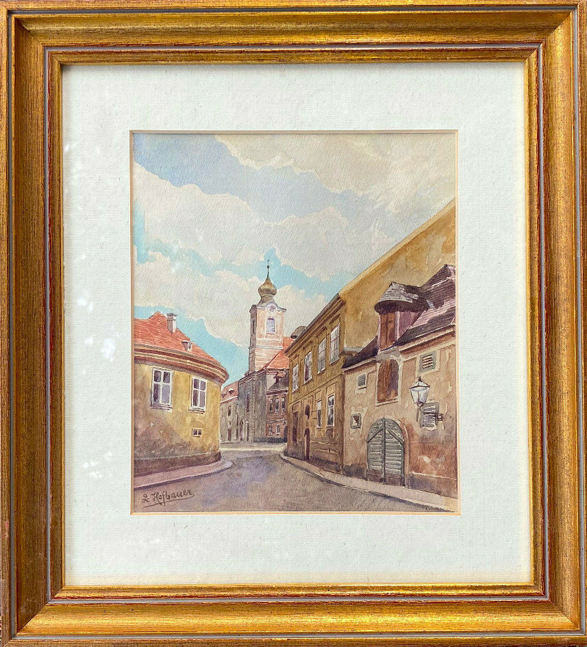 Watercolor Sign.Z.Hofbauer Side Street with Church Tower Chapel Country Style
