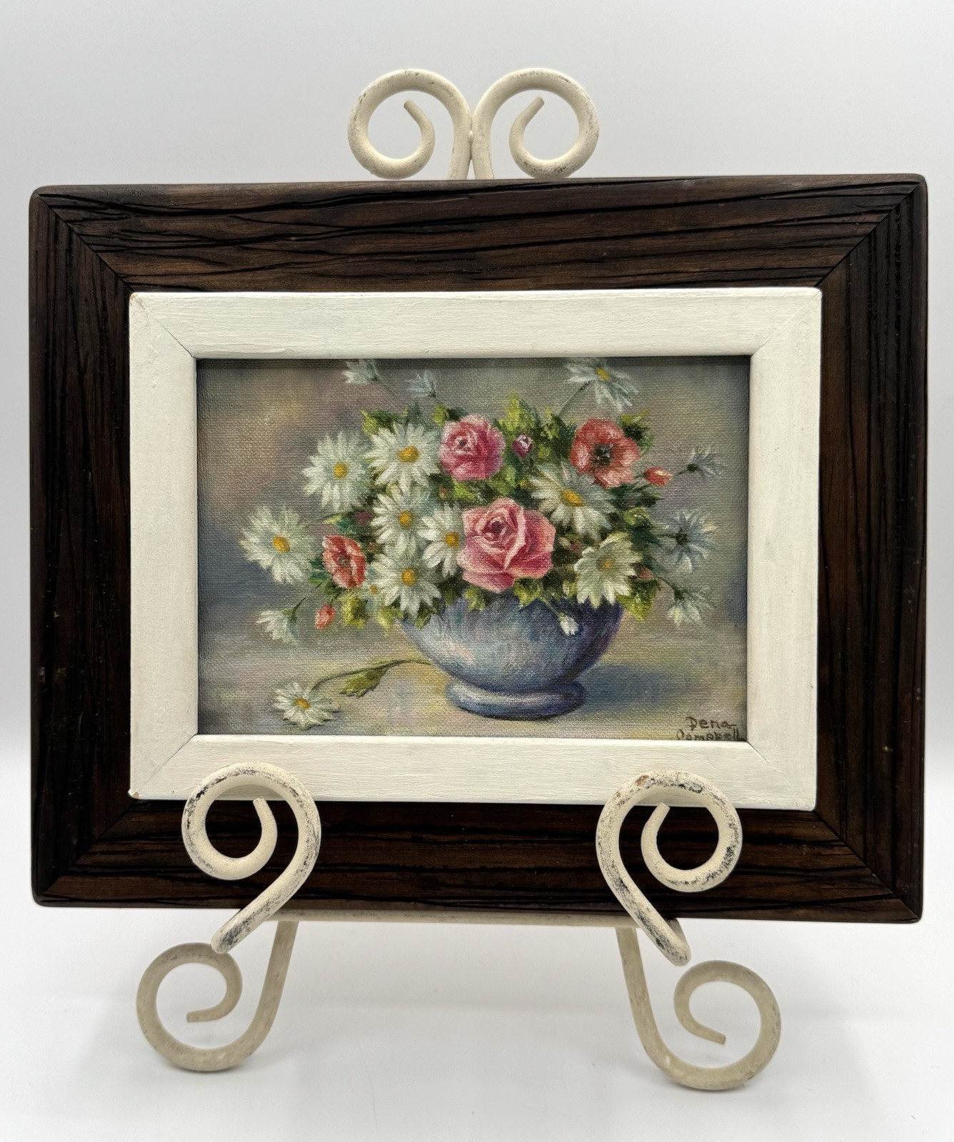 Vintage Original Art Oil Painting Still Life Roses Daisies Flowers Artist Signed