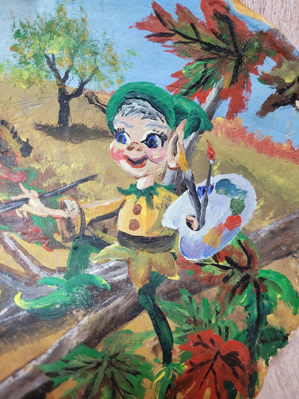 Vintage Hand Painted Conk Mushroom Pixie Scene Folk Art Woodland OOAK 1960s