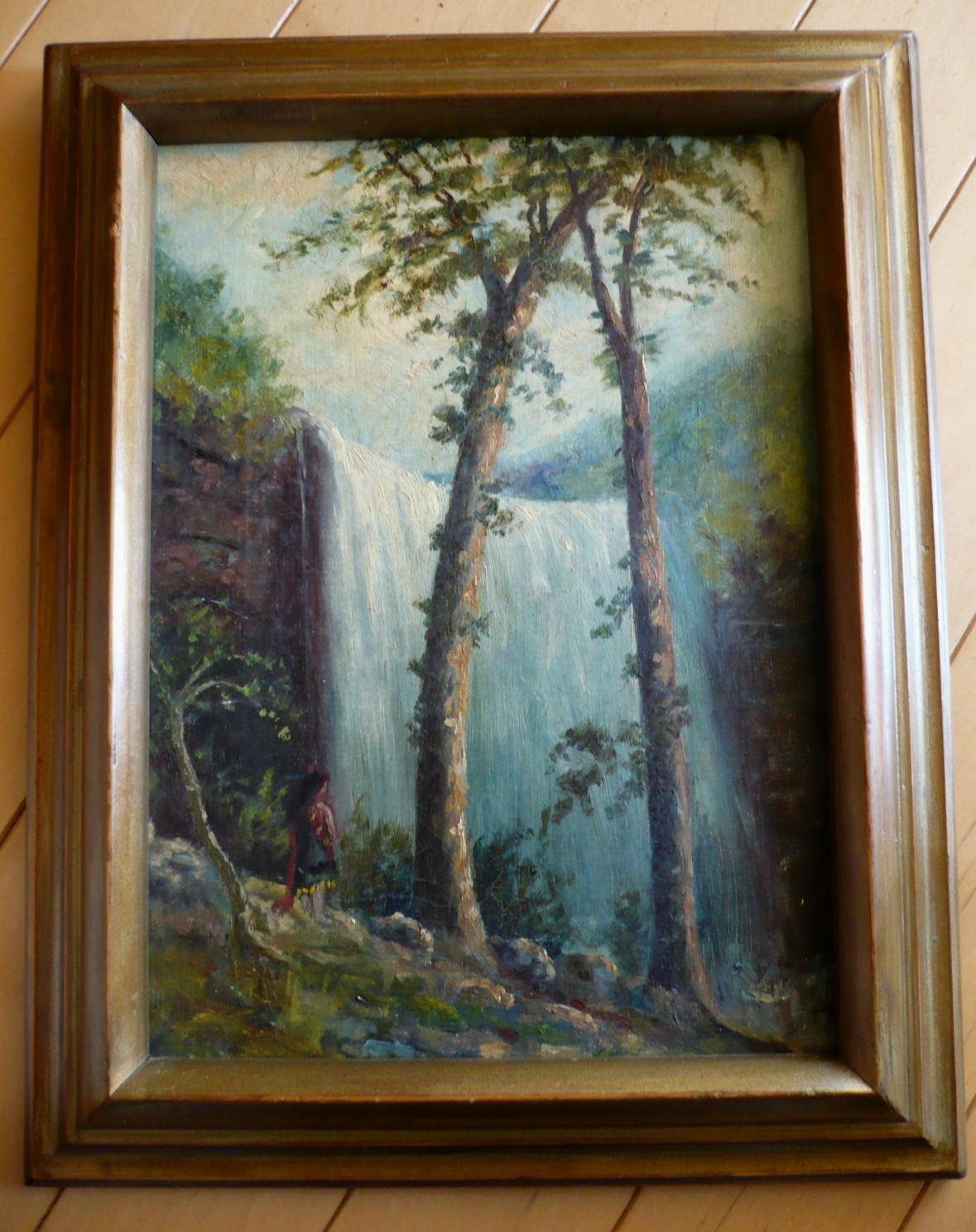 MINA BOEHM METZGER, NEW YORK IMPRESSIONIST OLD ANTIQUE, FOREST NATURE WATERFALL