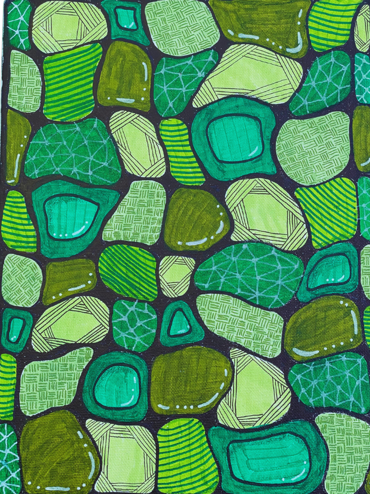 ABSTRACT GREEN ZENTANGLE 9×12 Flat Canvas Painting Colored River Rock Mosaic Art