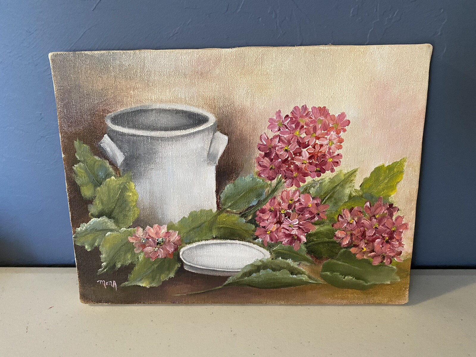 Original Art Painting Canvas Milk Can Pink Hydrangea Floral Flowers Cottagecore