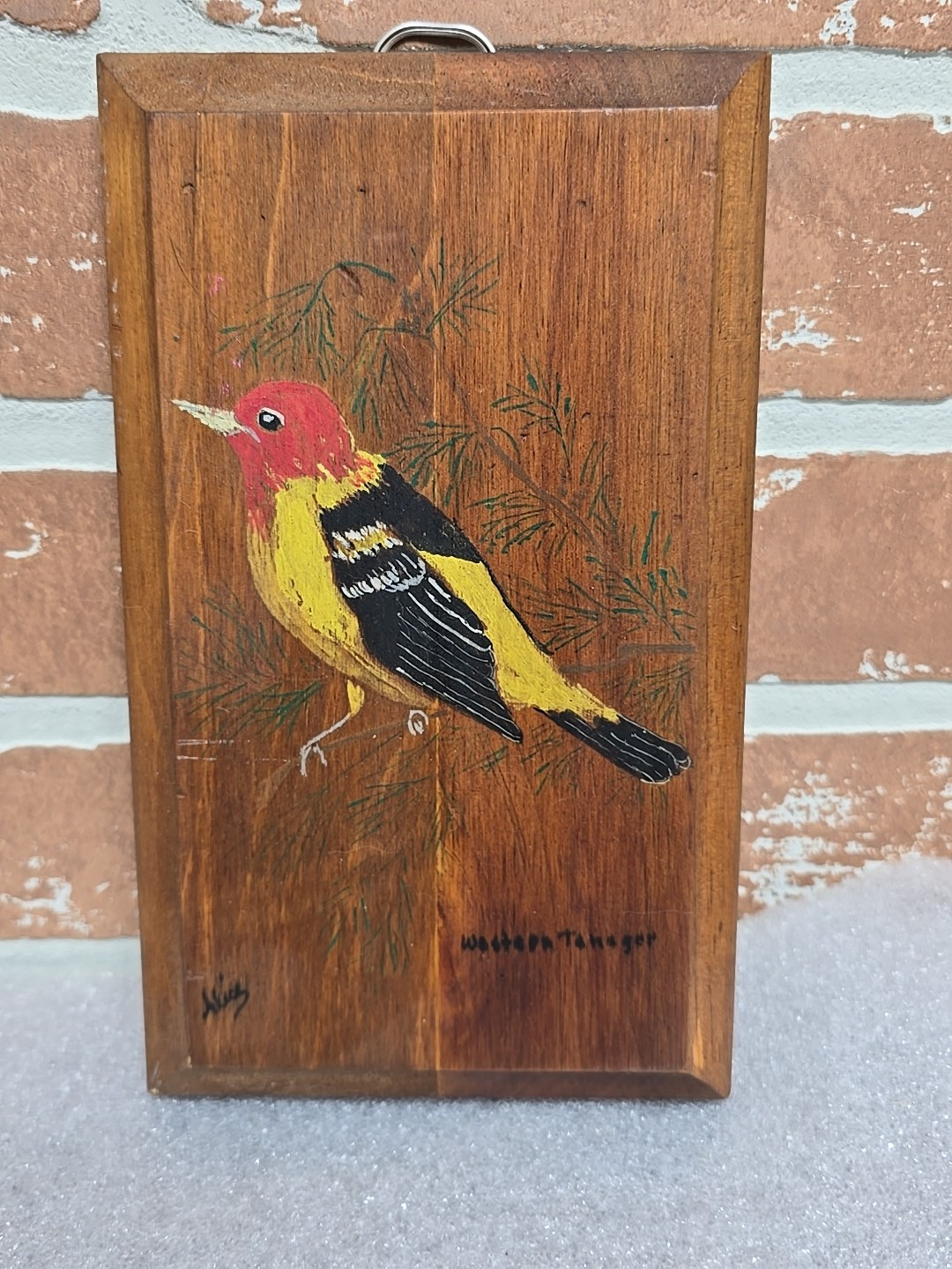 Handpainted Aritist Signed Western Tanager Bird On Wood Boothe 8″ Tall 5″ Wide