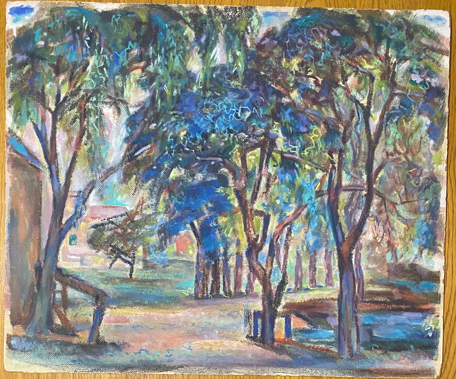 Colorful Original Modernist / Impressionist Artist Oil on Board W/ House & Pond