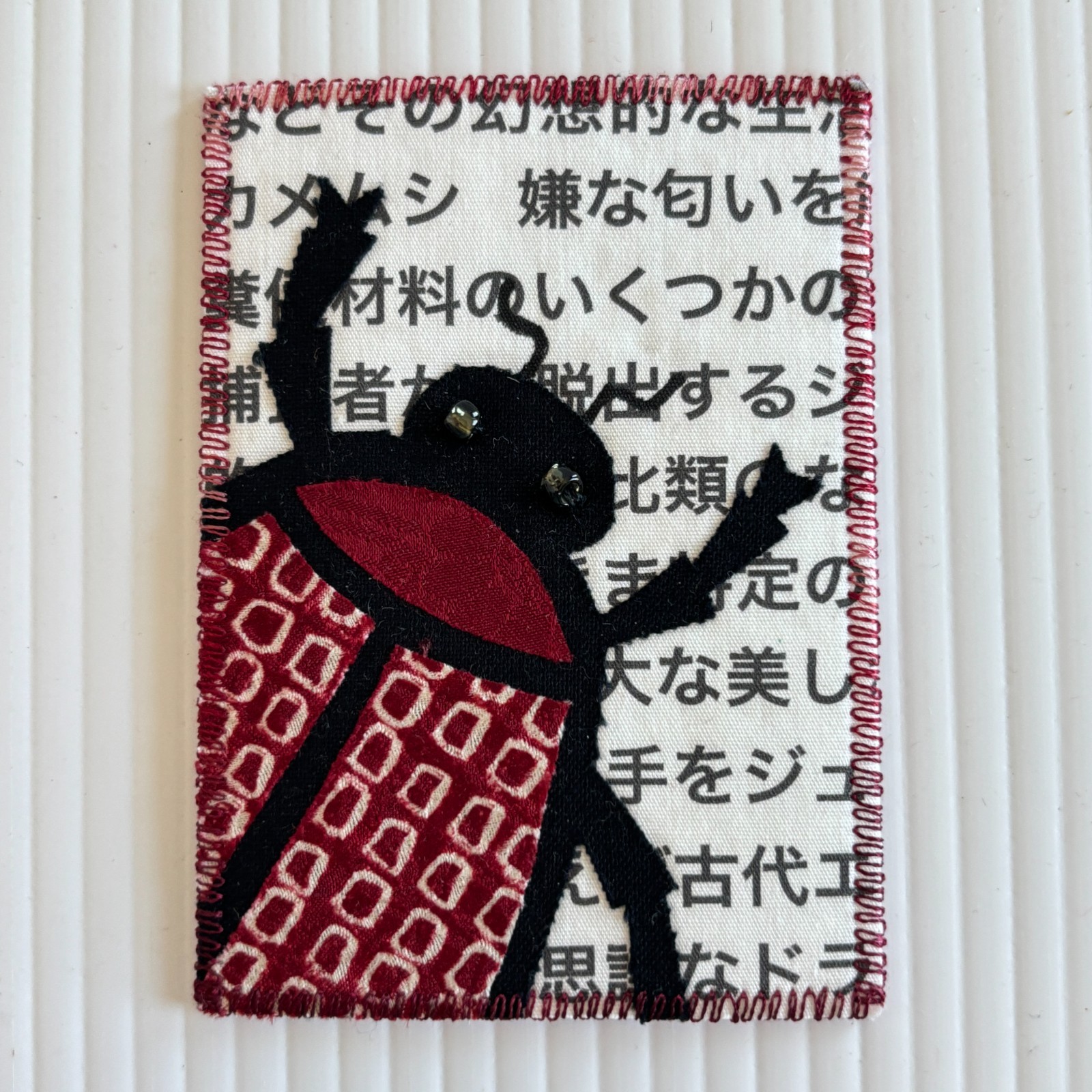 ACEO Original Art Quilt Embroidery Japanese Beetle Black White Red
