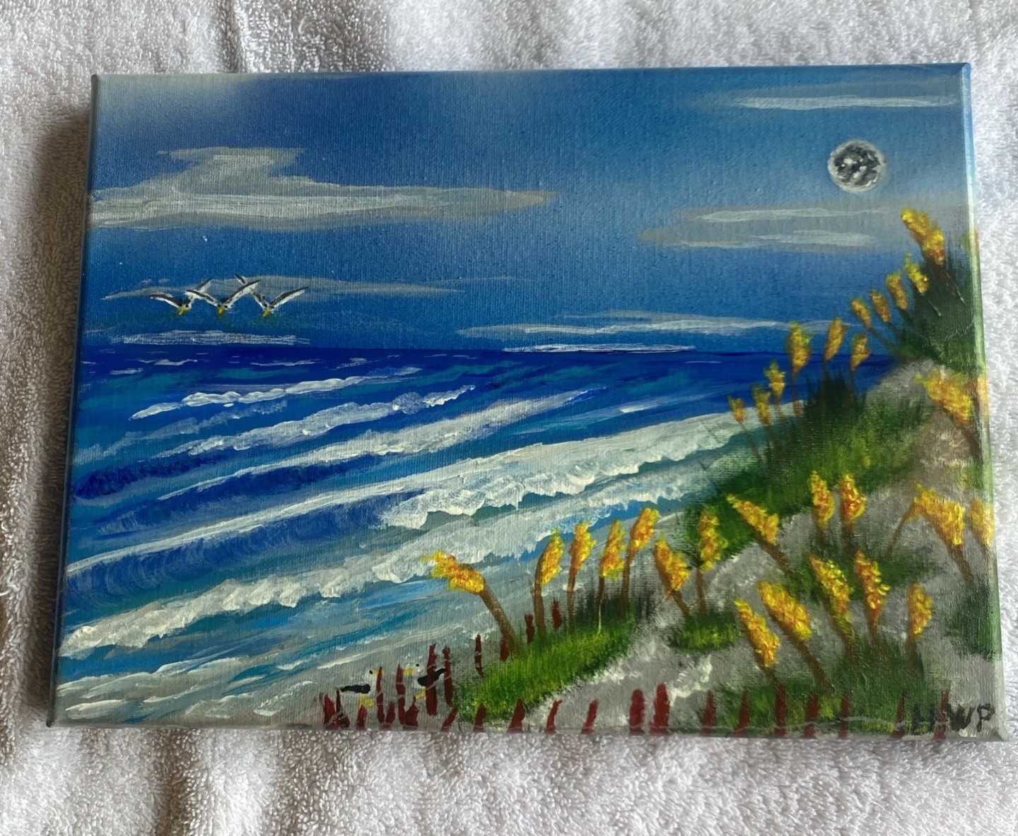 Origional Primative 9×12 Inch Sray Paint & Acrylic Beach seashore Painting