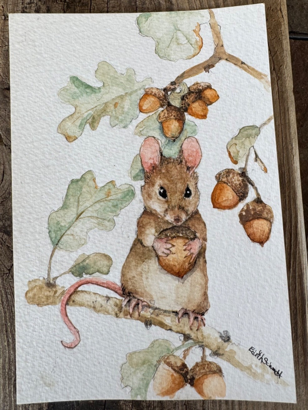 Mouse in tree with acorns origional watercolor painting signed by artist 4.5×6.5