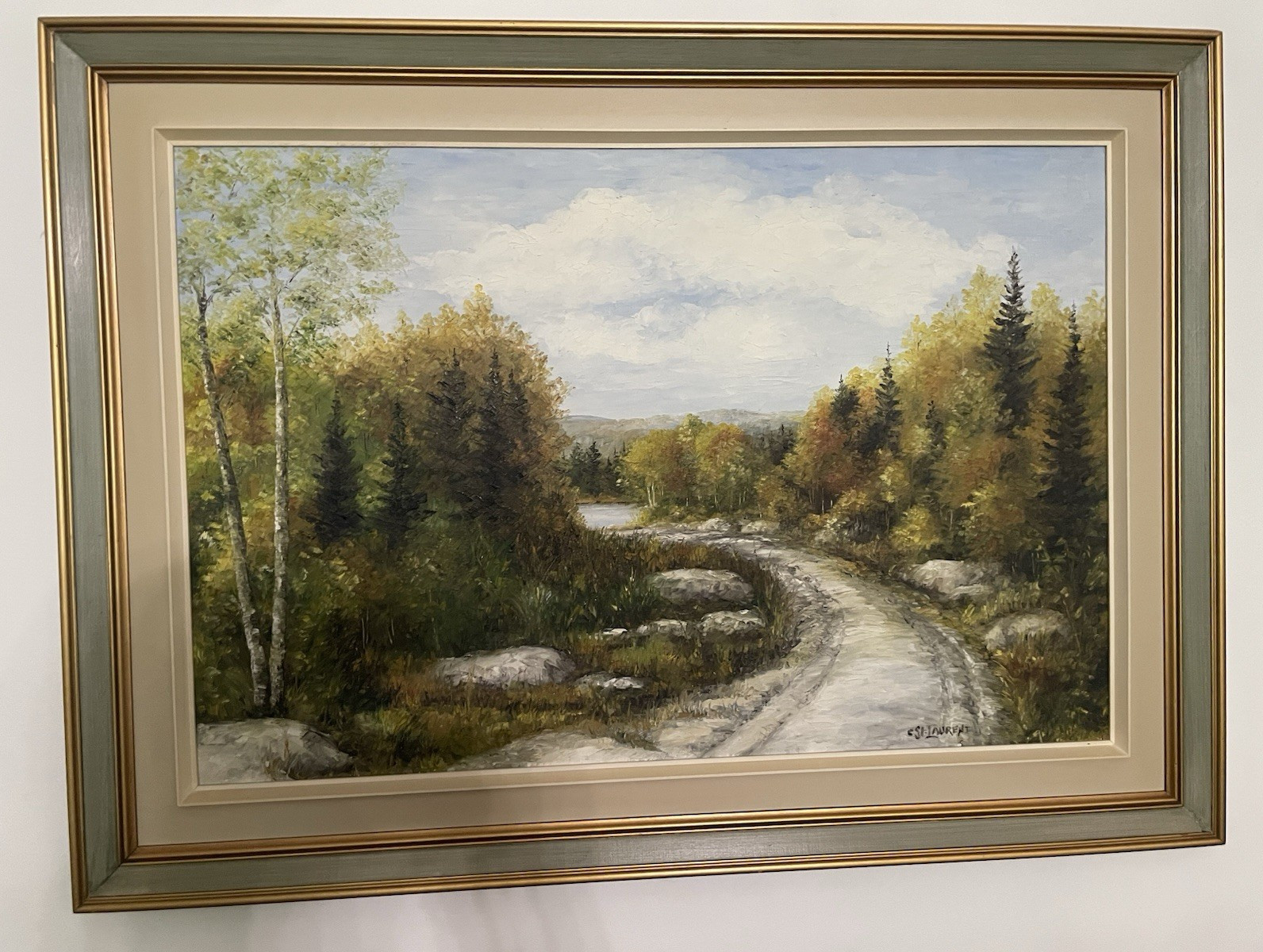St-Laurent Signed Realism Landscape Painting Forest Path River Matted Framed
