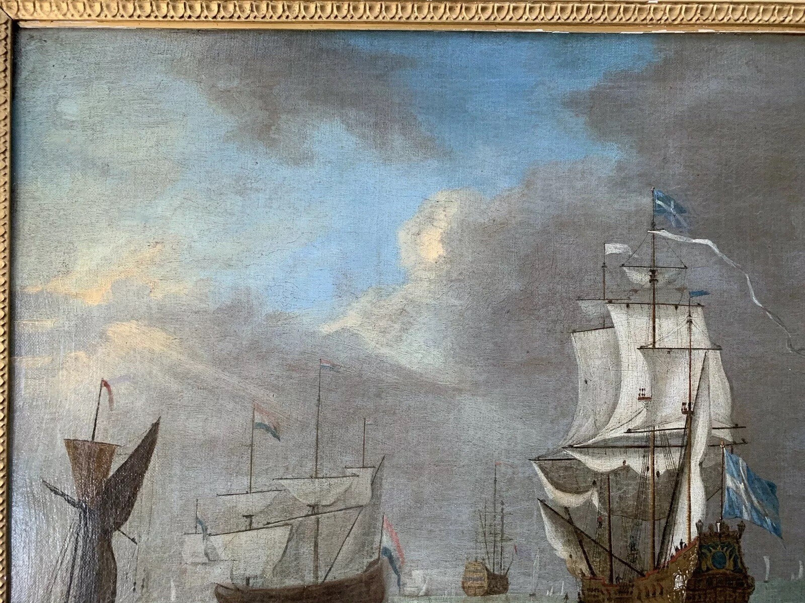 18th Century fleet at harbor marine painting Peter MONAMY frame
