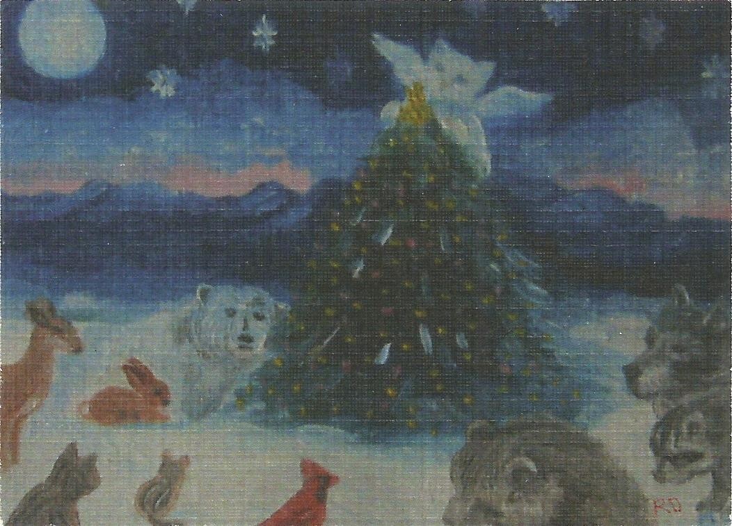 ACEO Original «Princess Hannahs’ Animal Christmas Tree» cat, rabbit, bear