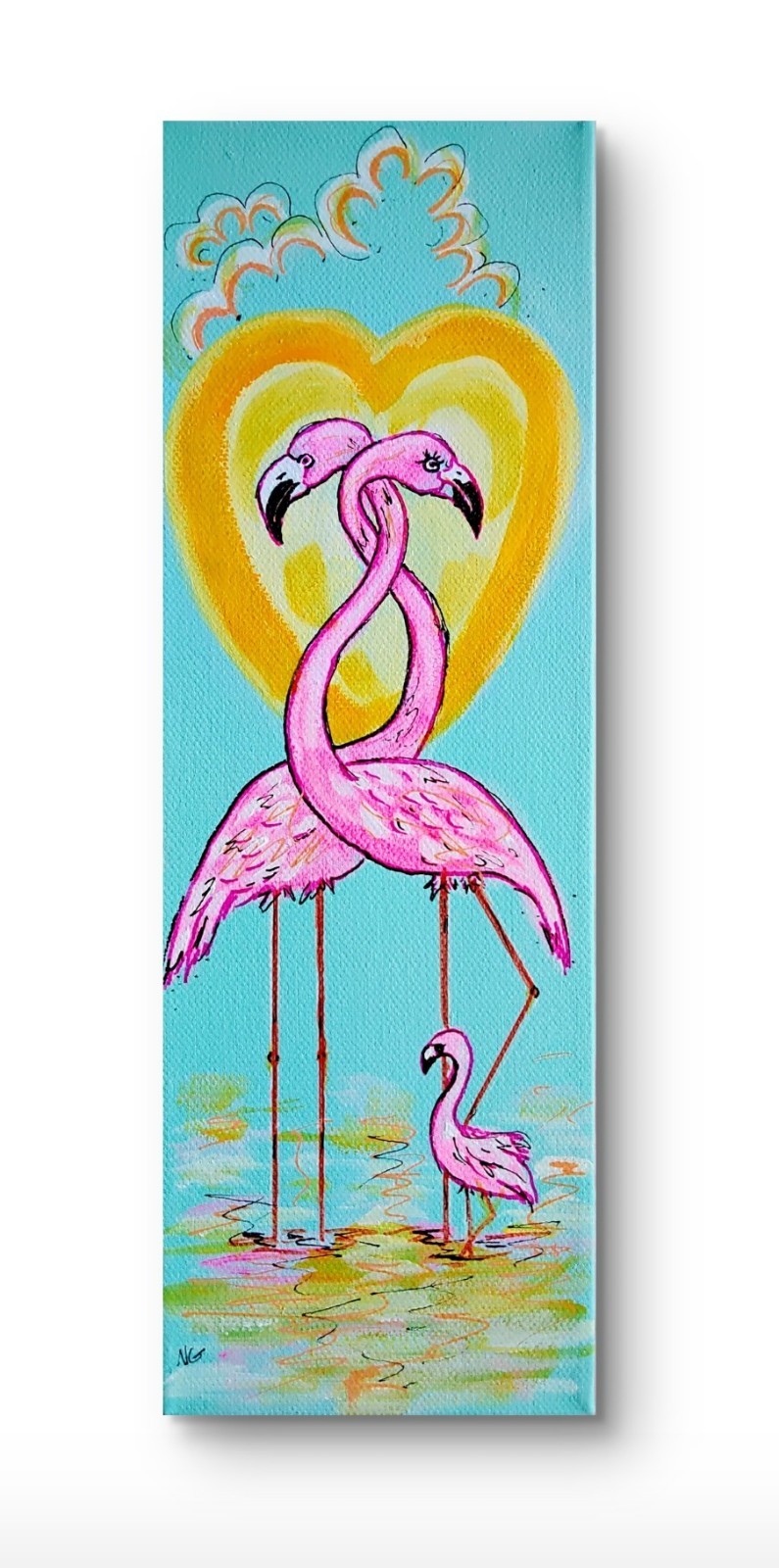 Original Expressionist 12 x 4 Flamingo Family Acrylic Painting