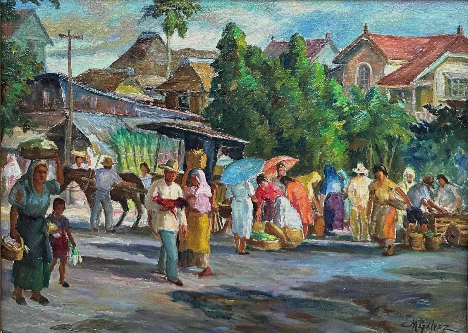Miguel Galvez -Colorful Philippine Market Scene with Figures circa 1940s/50s