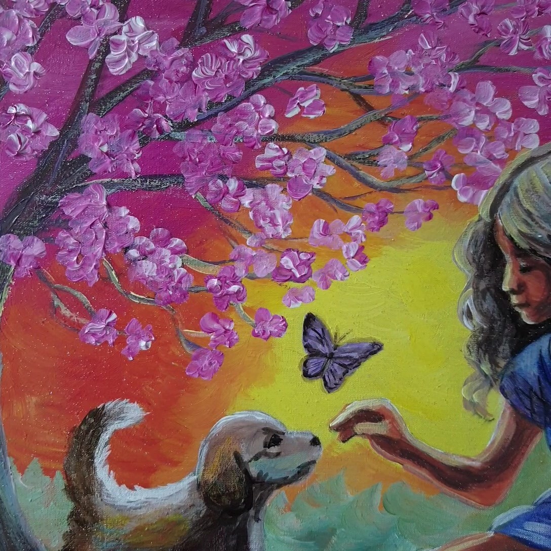 Painting Spring Bloom Puppy Signed Wall Art Decor Gift Original Ukrainian Artist