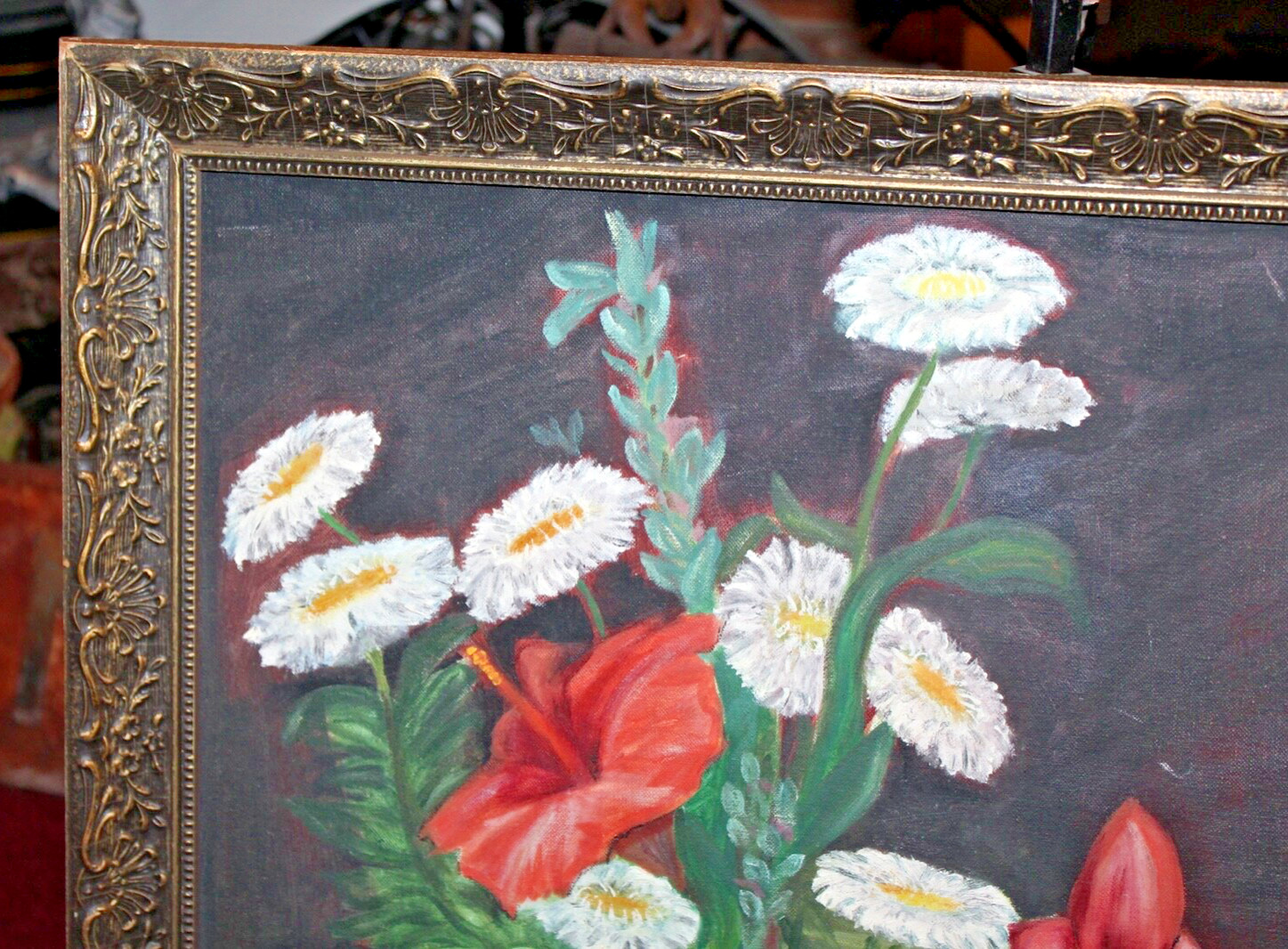 Vintage Flower Oil Painting Shabby Chic Colorful Flowers In Vase Framed
