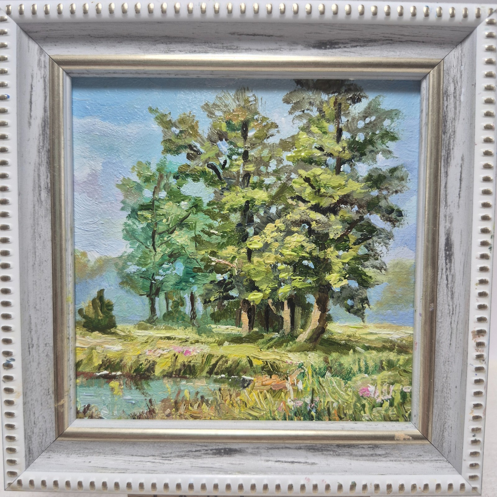 An original, signed oil painting, framed. Summer landscape “By the River,” 4х4