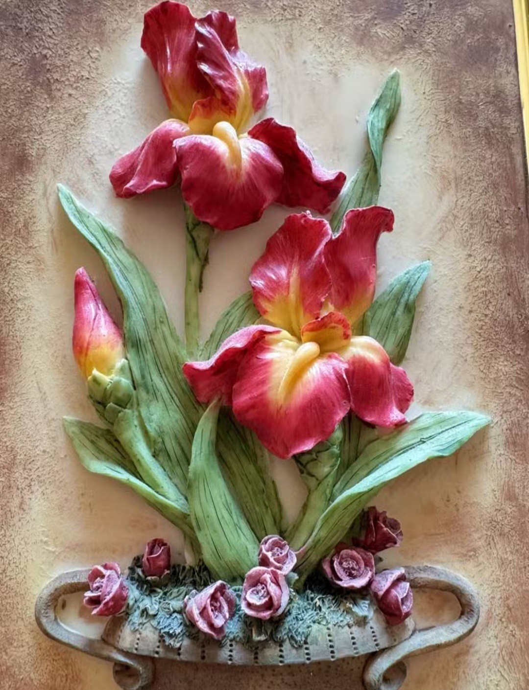 Vintage 3D Floral Relief Wall Art Framed – Tulip Flowers in Vase Decor
