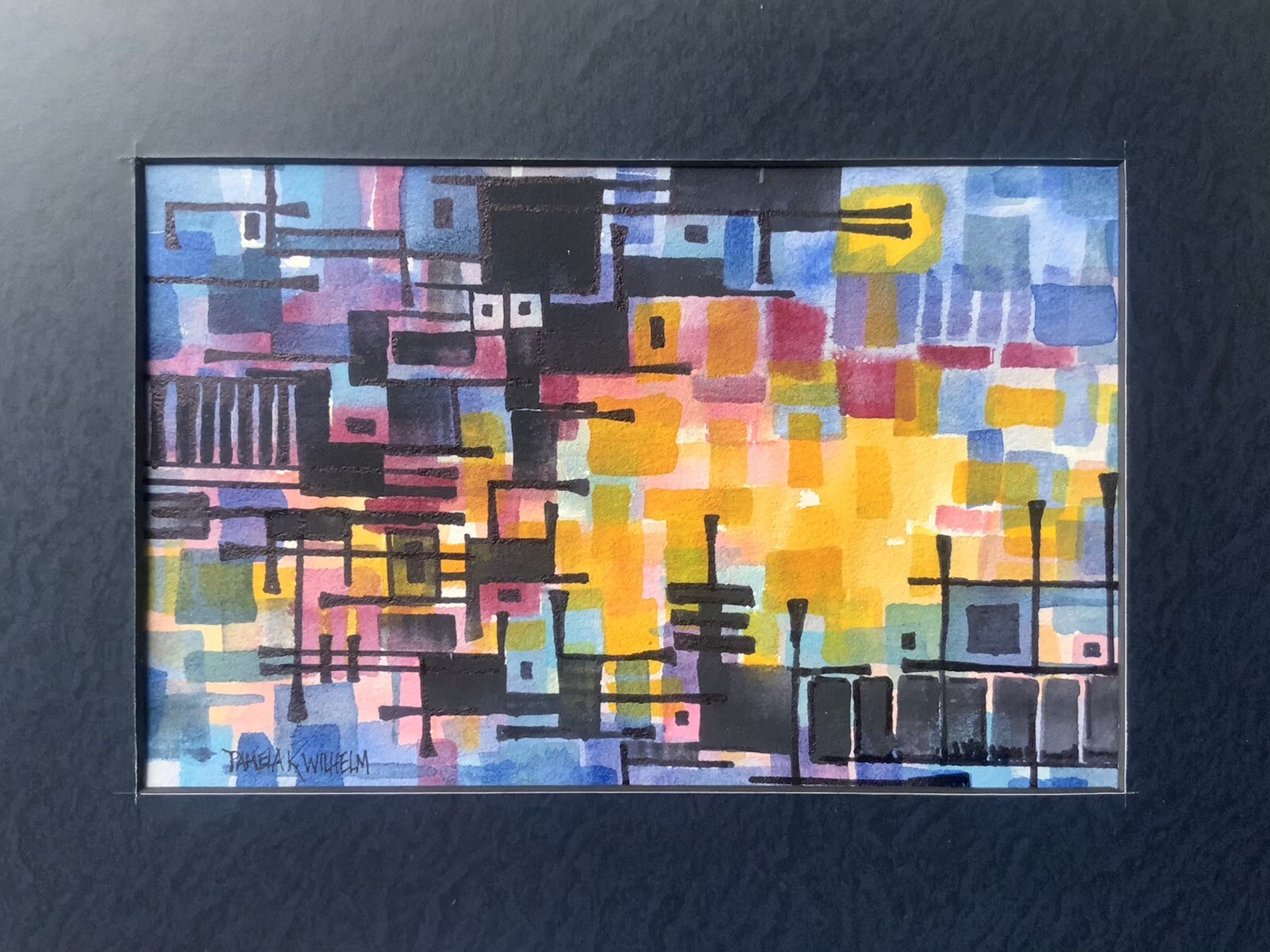 Pamela Wilhelm original 6”x9” Matted To 9”x12” Mid Century Modern Abstract Ink+