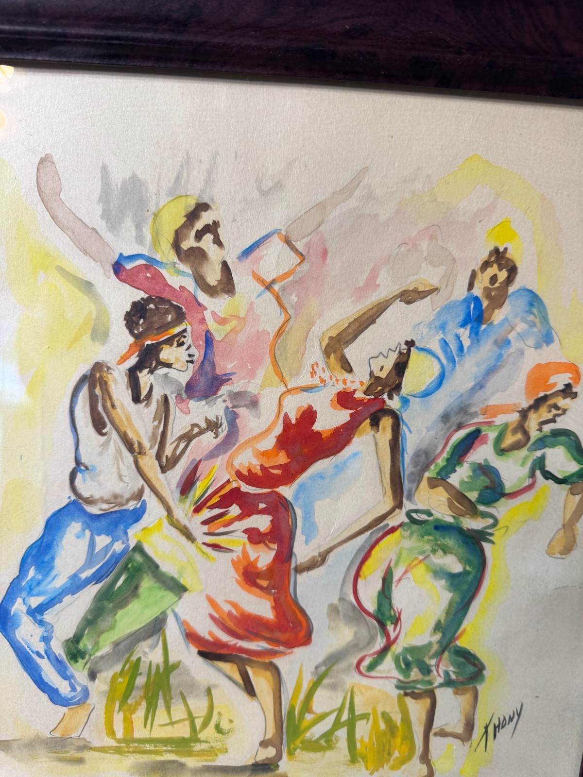 Vintage T Hony «Figures Dancing Scene» Watercolor Painting – Signed And Framed