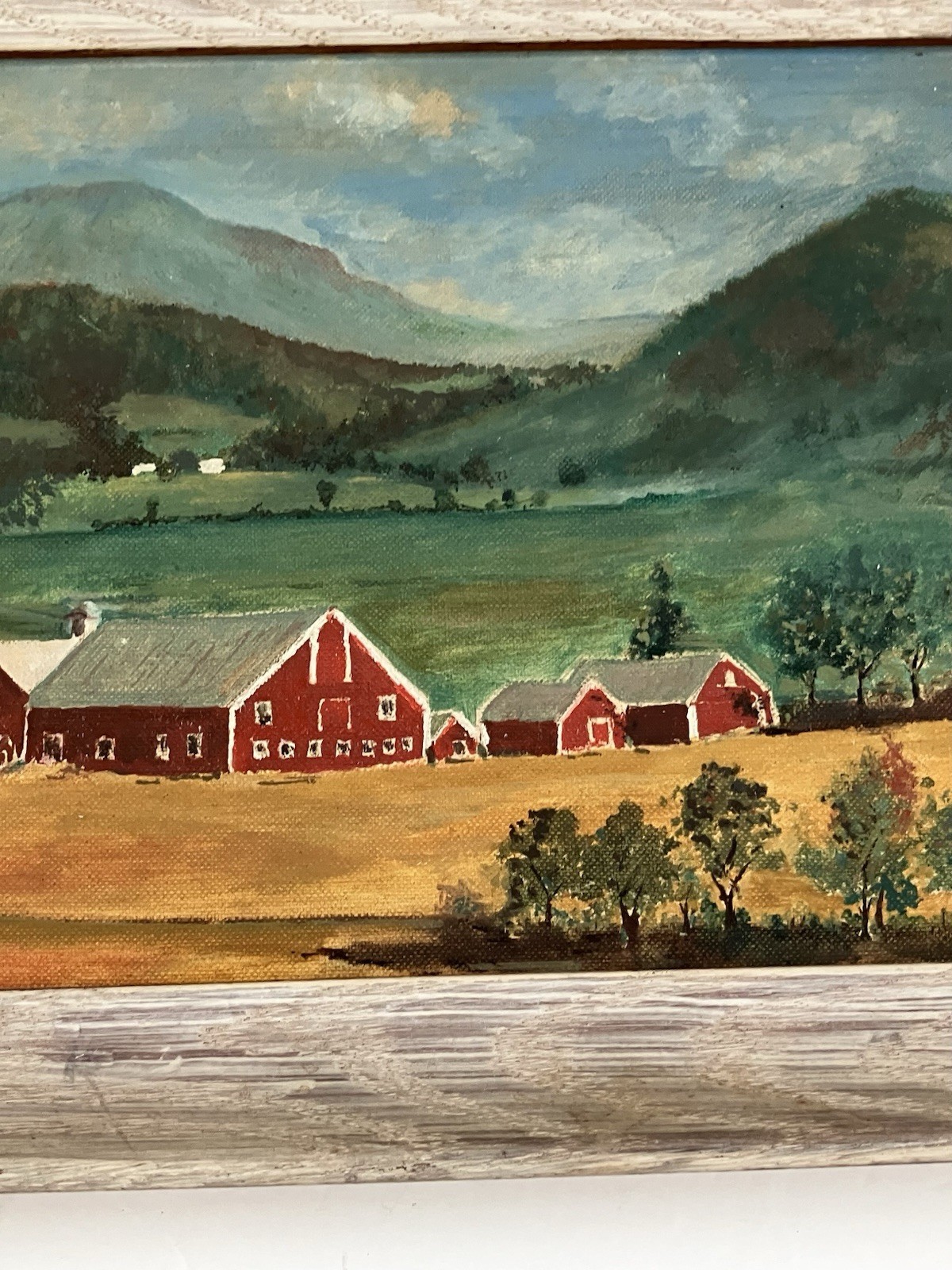 Vintage 50s Framed Primitive Folk Art Farm Barn Landscape Oil Painting 10×13