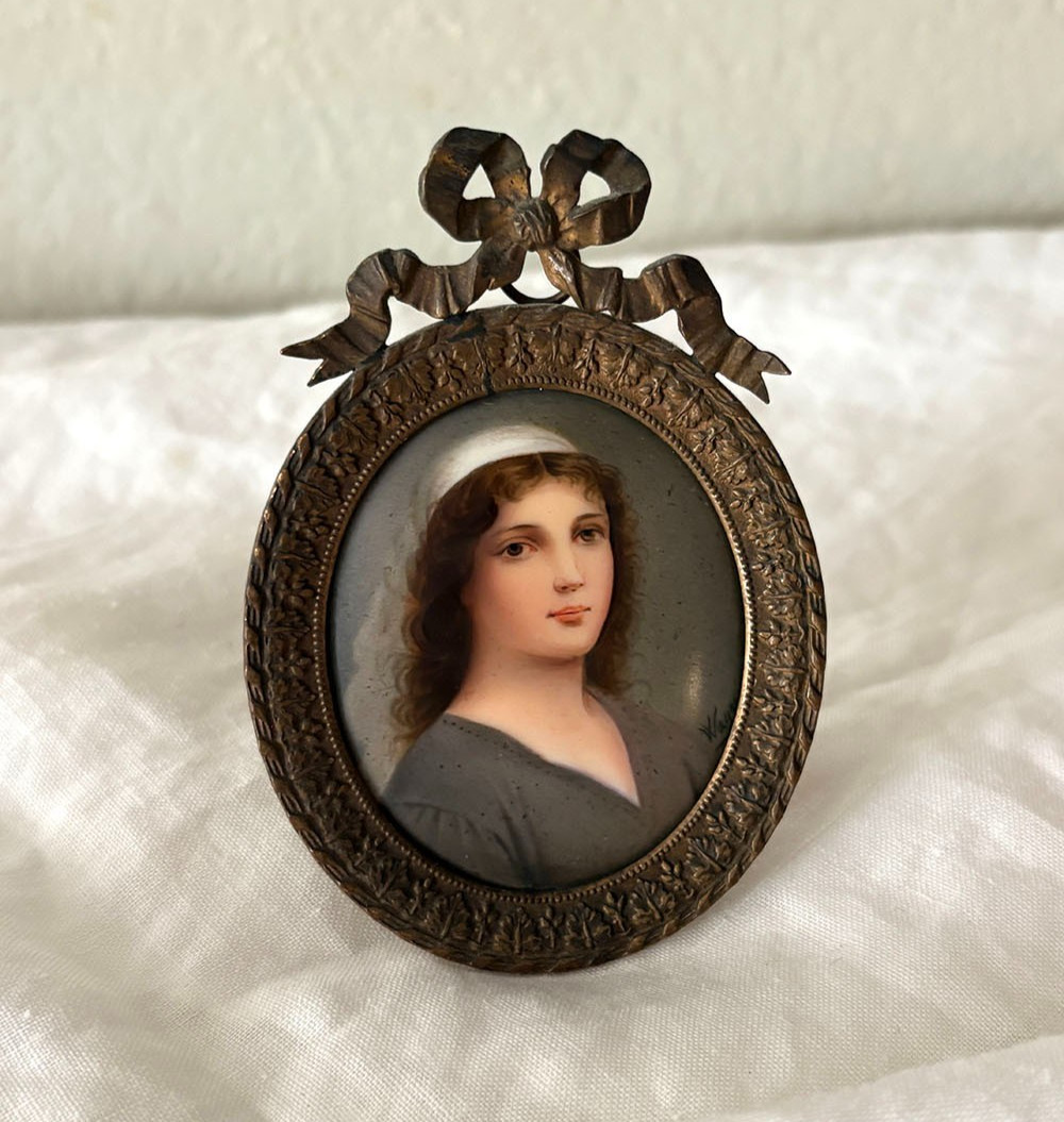 19th C. Miniature Portrait of Ruth on Porcelain, Signed Wagner, Ornate Frame