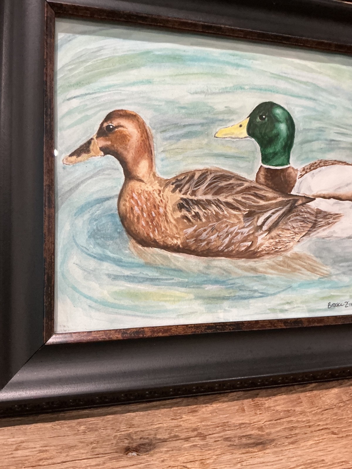 Signed Original Watercolor Painting Mallard Drake Hen Ducks Pond Water By Zimet