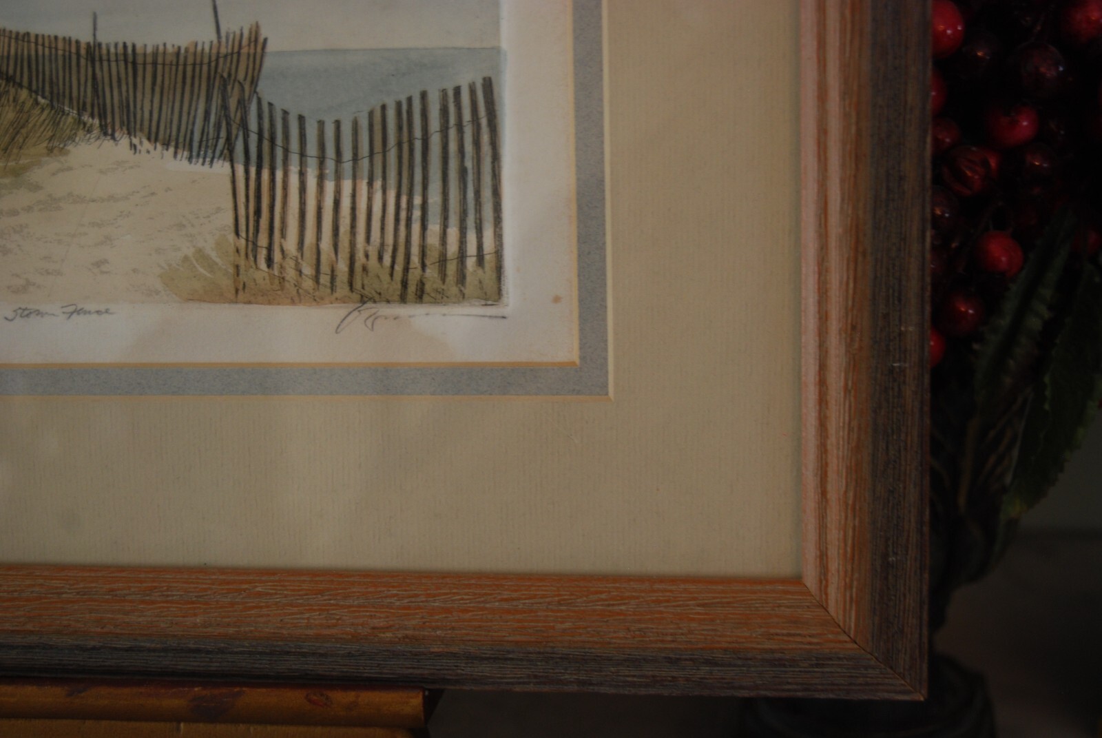 VTG FRAMED FRANK KACZMAREK SIGNED A/P COLORED ETCHING «STORM FENCE» LIGHTHOUSE