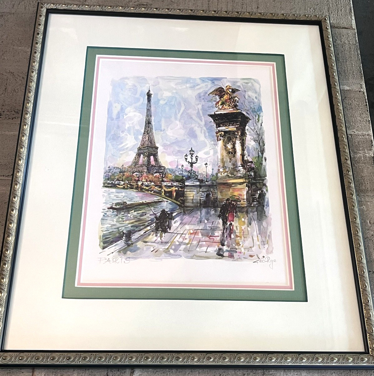 Paris Eiffel Tower Pont Alexandre Watercolor Print by ‘George’ Signed & Framed
