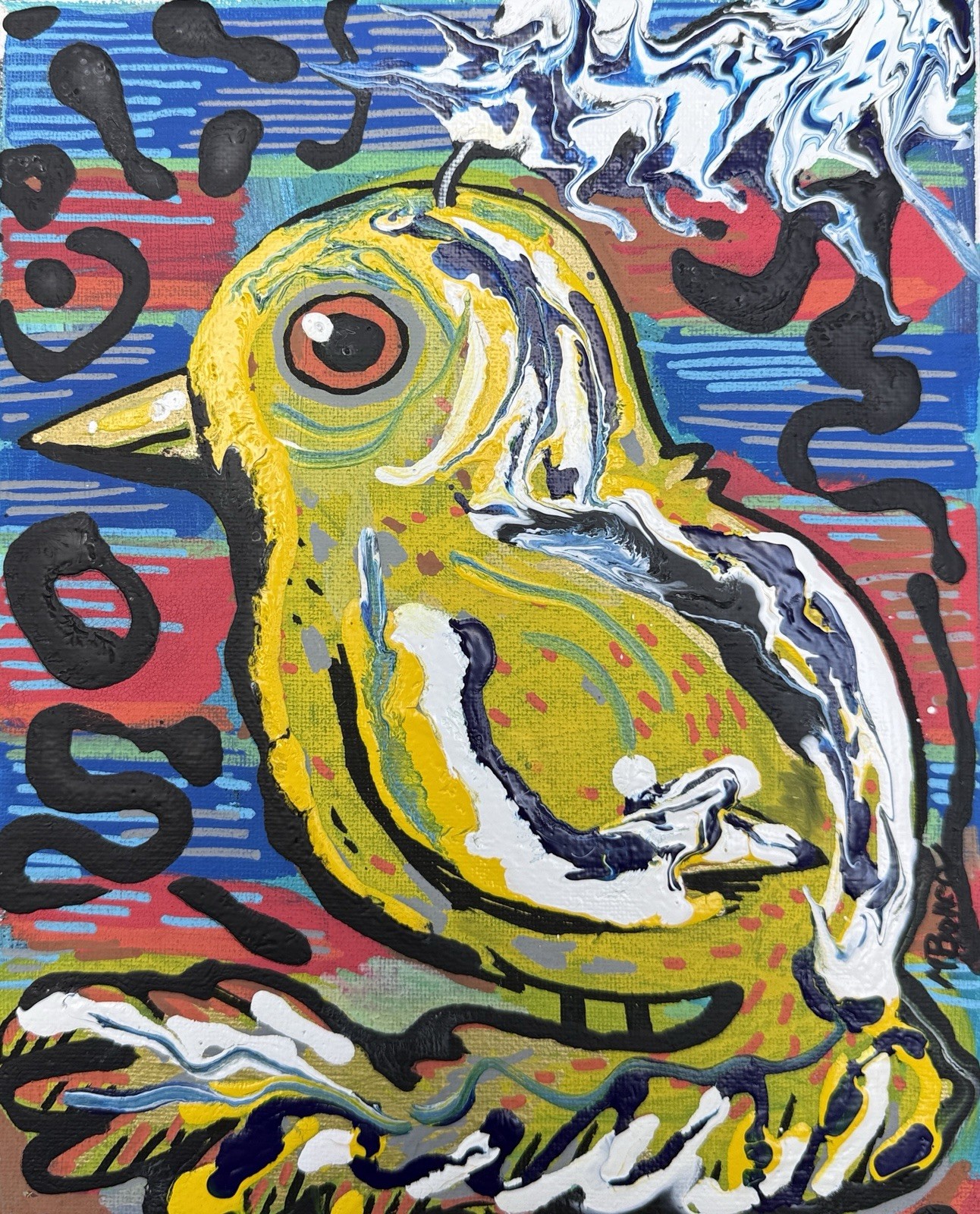 Original Melissa Bollen Bird Painting 8×10 Yellow Stripes Acrylic